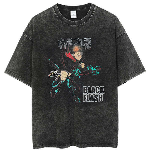 Men's Washed Retro Anime Print Cotton T-shirt