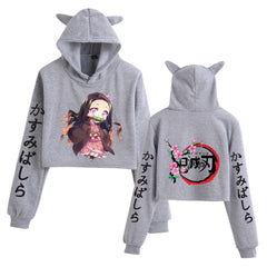 Girls' Anime Printed Cat Ear Crop Hoodie