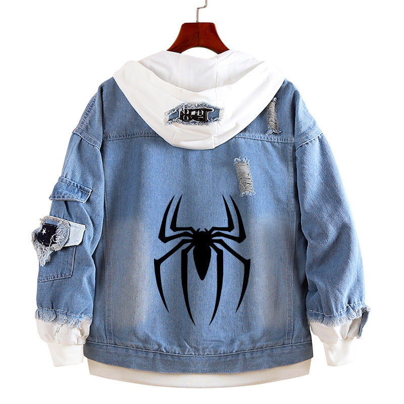 Unisex Comic Spider Fake Two Piece Hooded Denim Jacket