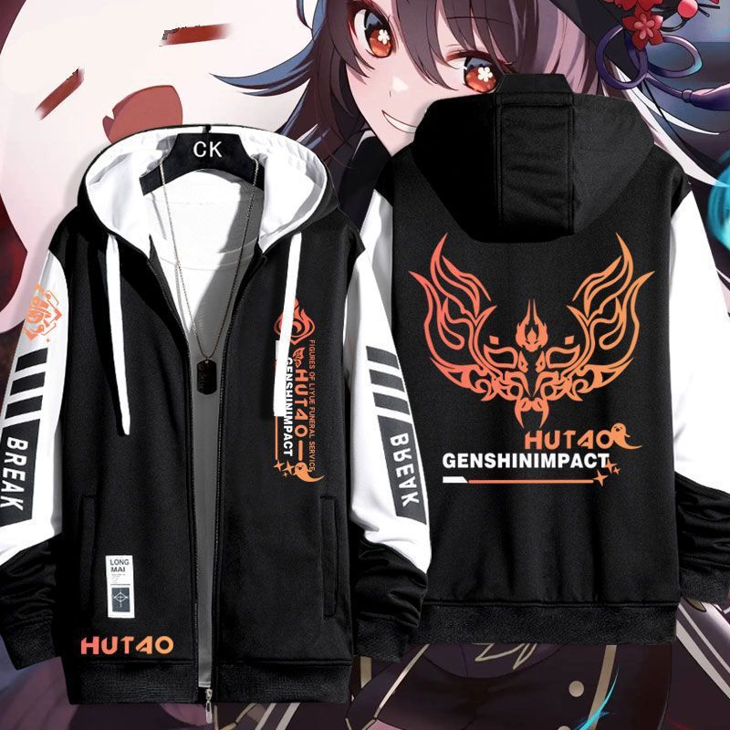 Unisex Casual Hutao Game Hooded Zip Up Coat