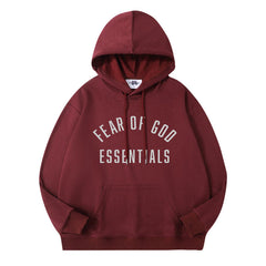 Unisex Letter Burgundy Loose Pullover Hoodie