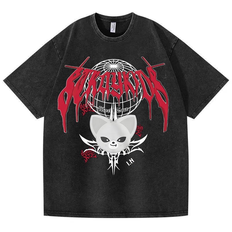 Unisex Kpop Cartoon Graphic Washed T-shirt