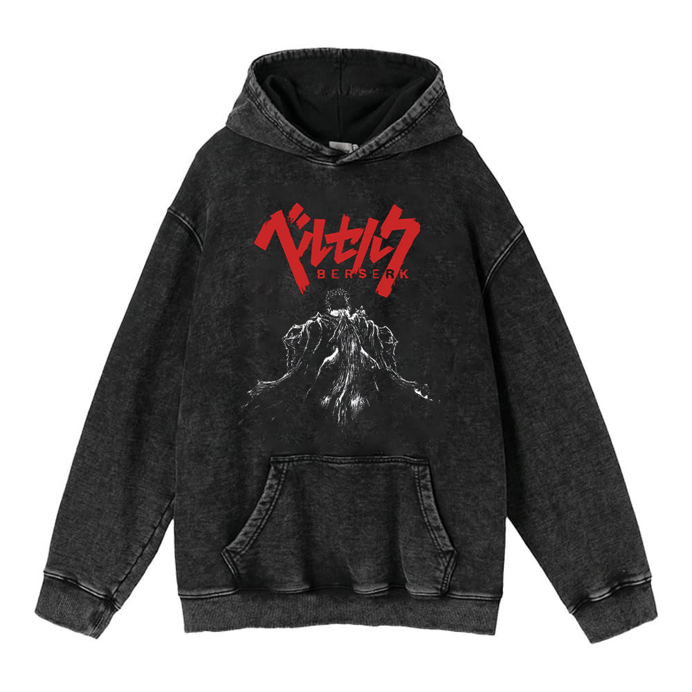 Retro Anime Washed Black Loose Hoodie