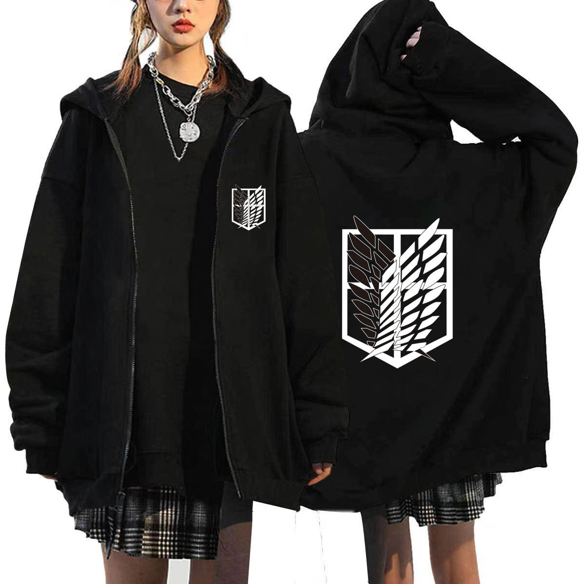 Unisex Anime Print Casual Black Zipper Hoodie