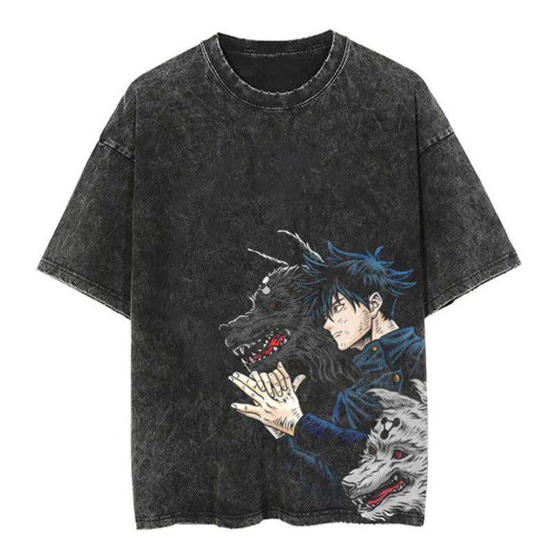 Casual Washed Retro Anime Graphic Cotton T-shirt