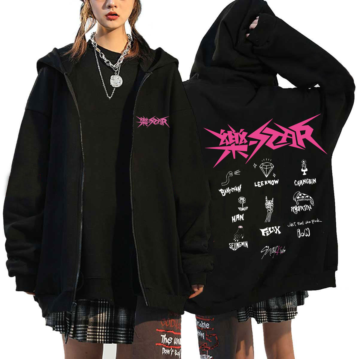 Unisex Chic Kpop Letter Printed Loose Zipper Hoodie