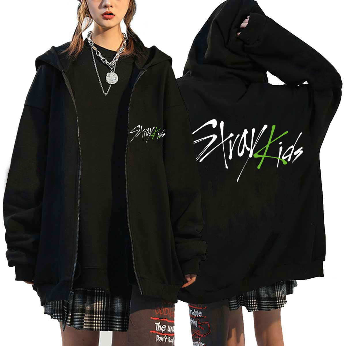 Chic Girls Kpop Letter Printed Loose Zip Up Hoodie