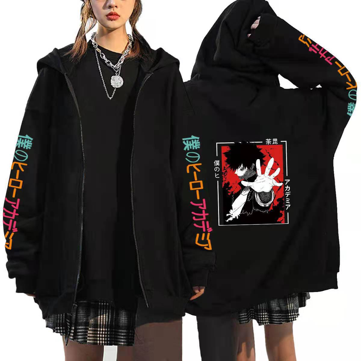 Unisex Anime Printed Black Zipper Loose Hoodie