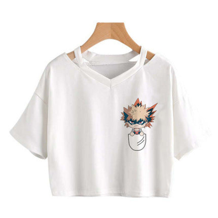 Trendy Women's V-Neck Anime Short Sleeve Crop Tee