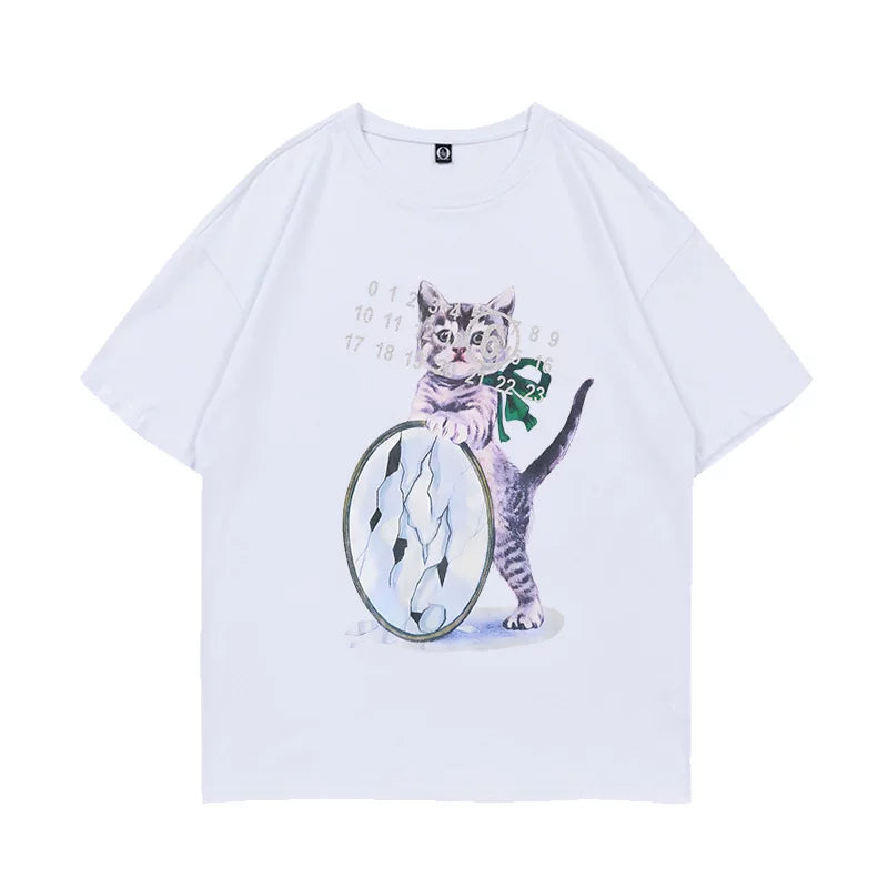 Wonhee White Kitten Print Crop T-Shirt