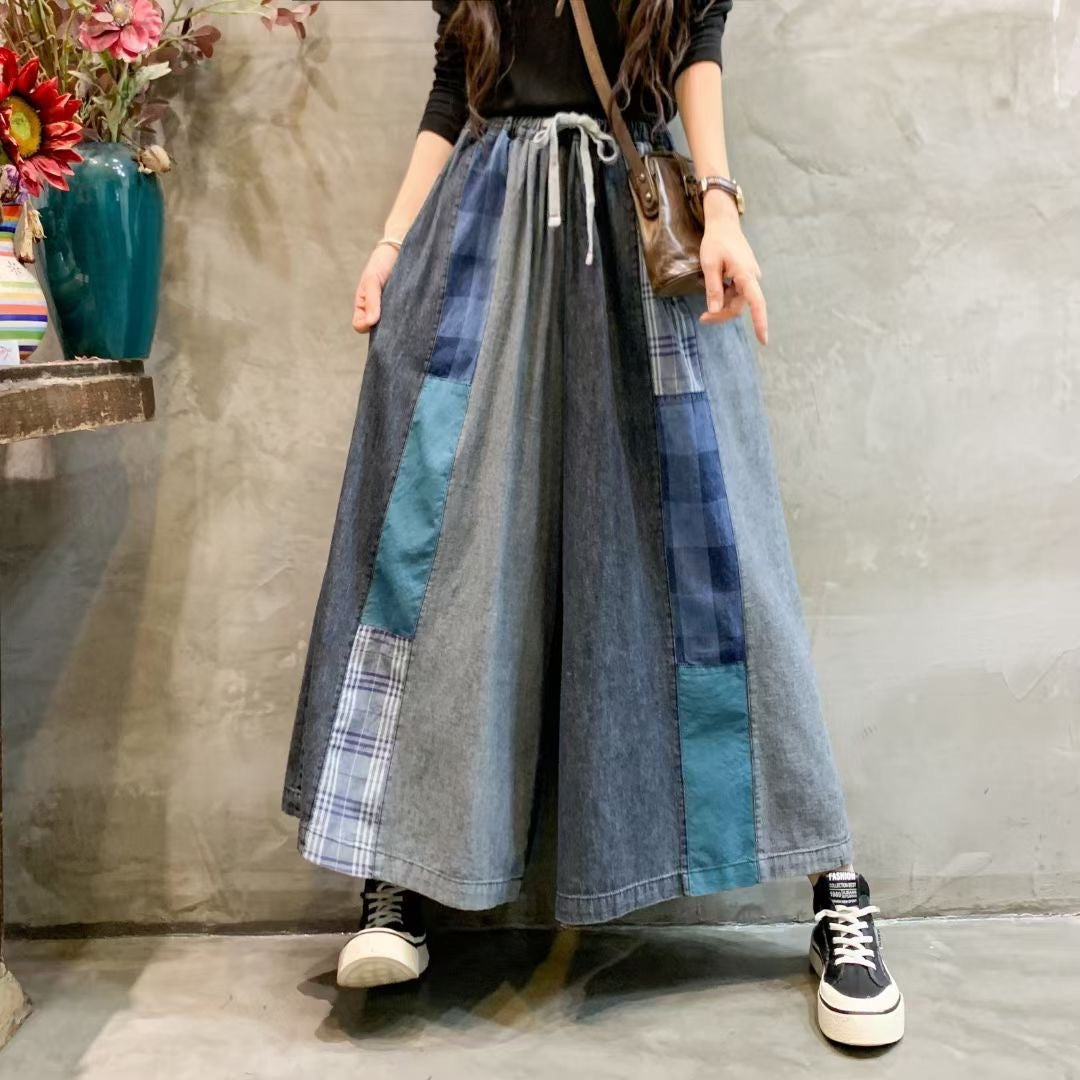 Retro Elastic Waist Color Block Soft Jeans Wide Leg Pants