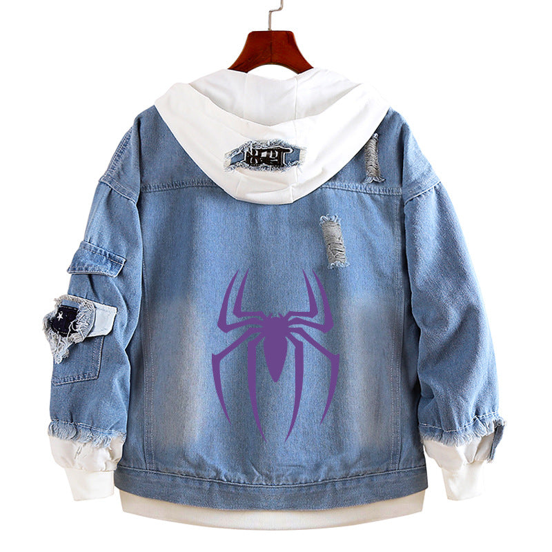 Unisex Comic Spider Fake Two Piece Hooded Denim Jacket