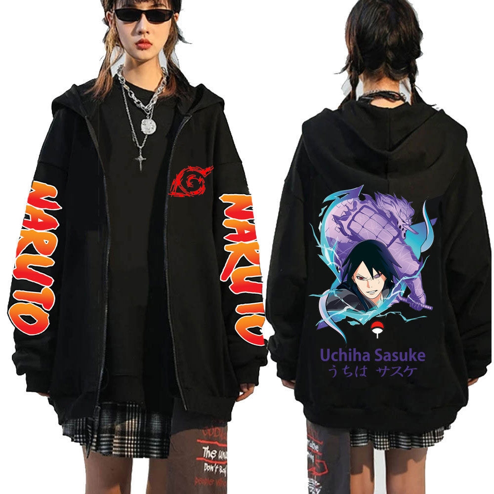 Unisex Casual Anime Black Zipper Hoodie