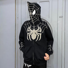 Unisex Gothic Dark Spider Print Zip Up Loose Hoodie