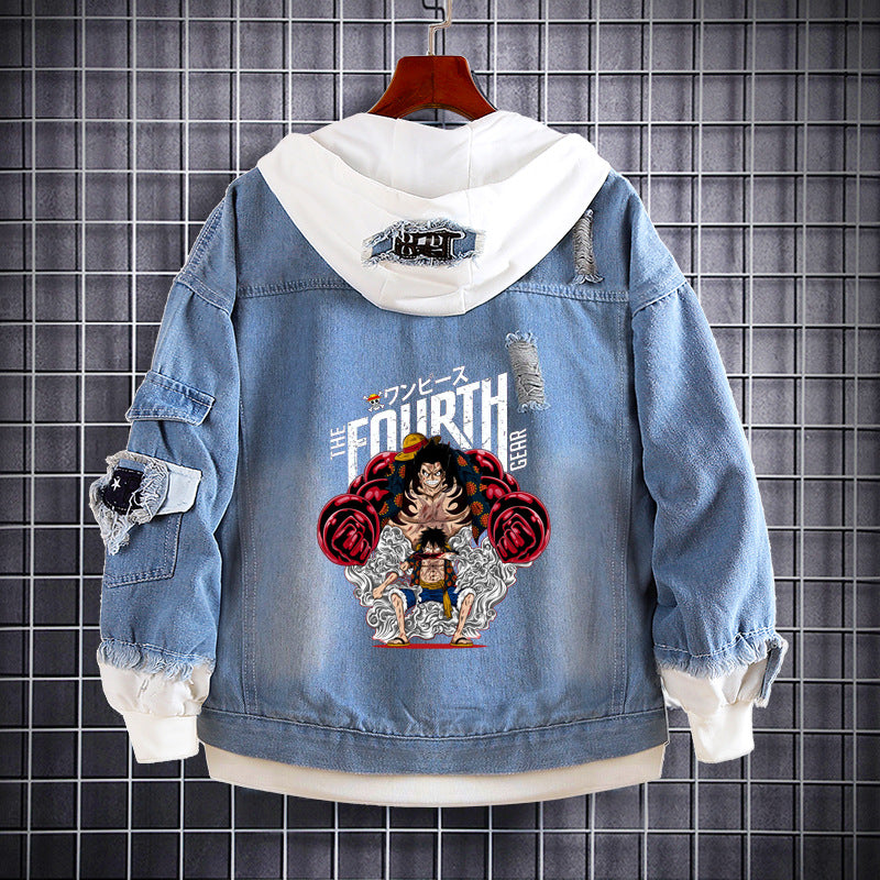 Unisex Luffy Graphic Print Hooded Denim Jacket