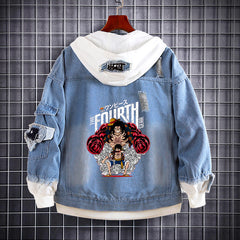 Unisex Luffy Graphic Print Hooded Denim Jacket