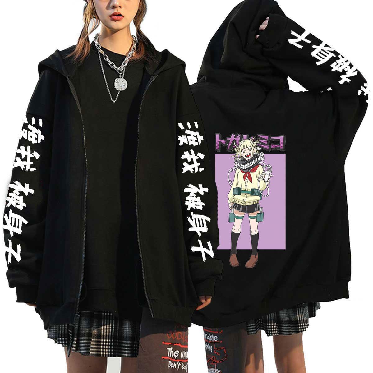 Unisex Anime Printed Zip Up Black Casual Hoodie