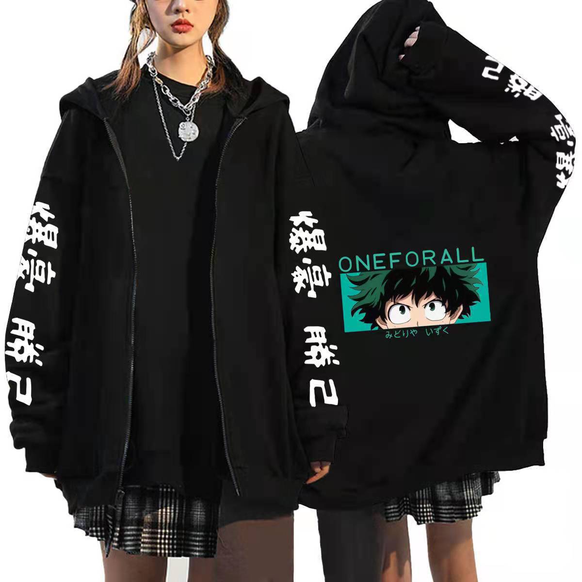 Unisex Anime Printed Black Zipper Loose Hoodie