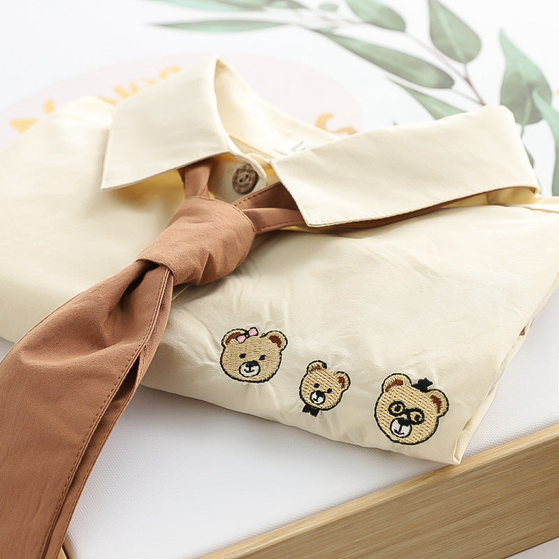 Japanese Style Bear Embroidered Loose Short-sleeved Shirt