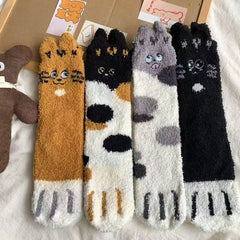 Embroidery Lucky Cat Paw Coral Fleece Socks