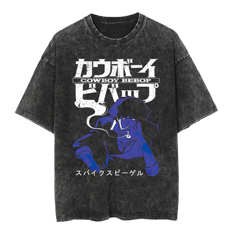 Unisex Anime Pattern Washed Short Sleeve T-Shirt