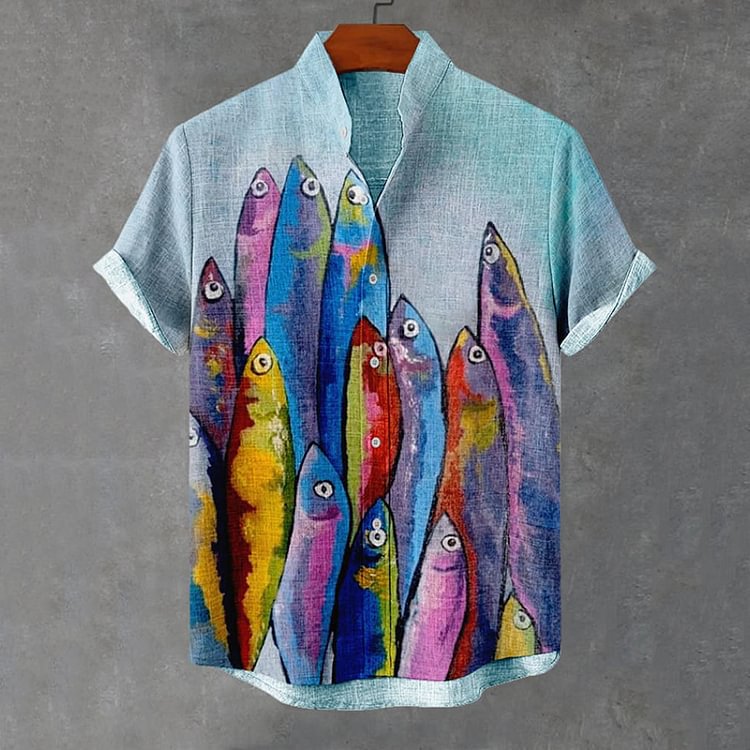 Men's Cat Digital Print Stand-up Collar Shirt
