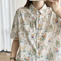 Cartoon Little Flower Rabbit Print Casual Short-sleeved Shirt