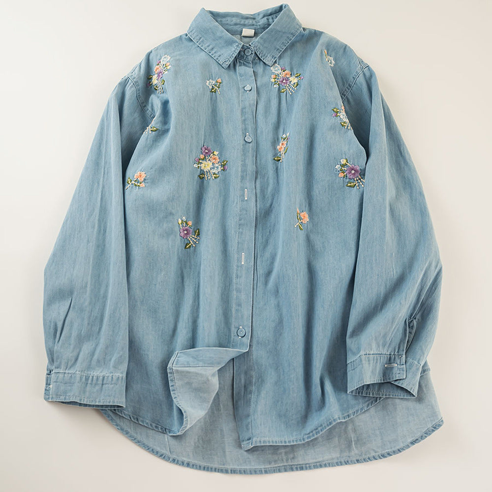 Women's Embroidery Washed Denim Long-sleeved Shirt