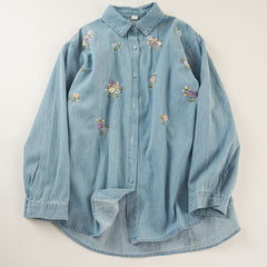 Women's Washed Denim Embroidery Long-sleeved Shirt