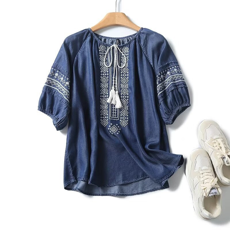 Women's Fringed Lace-up Ethnic Embroidered Denim Blouse