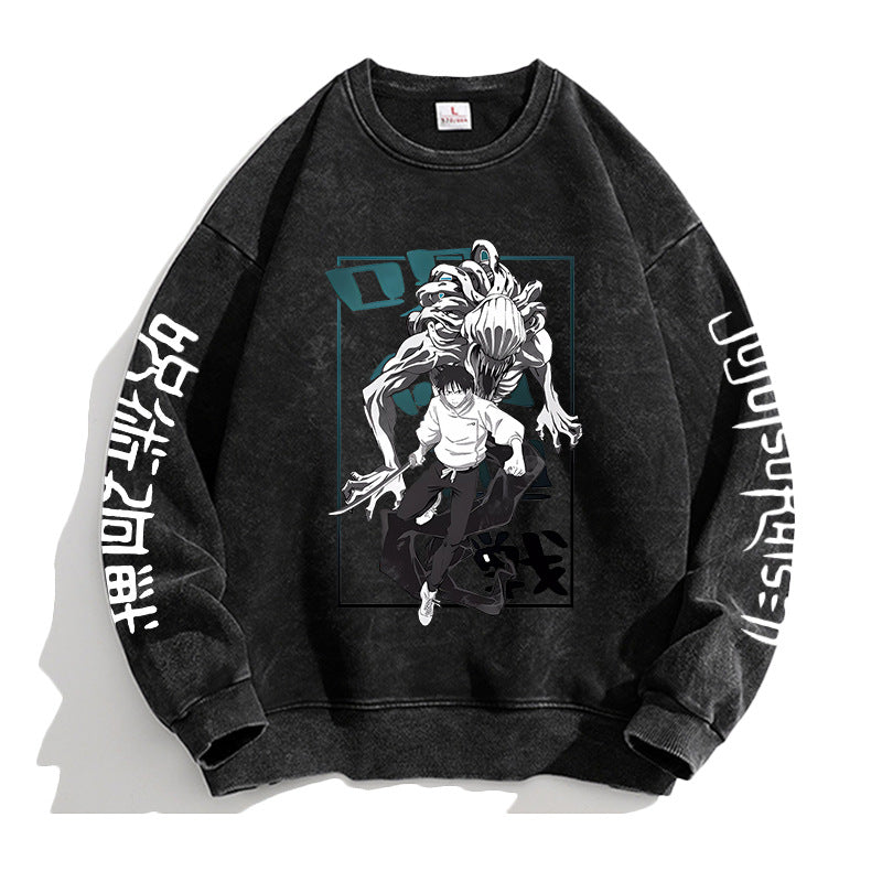 Vintage Washed Round Neck Anime Printed Sweatshirt