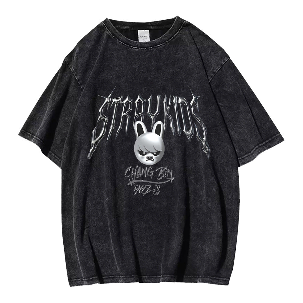 Evil KPOP Cartoon Skz Print Washed T-shirt