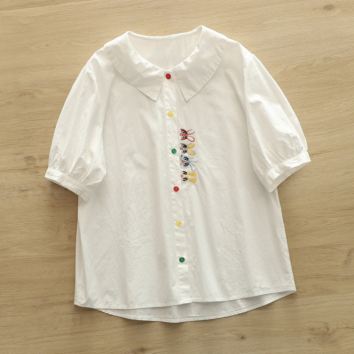 Cute Rabbit Embroidered Colorful Button Short-sleeved Shirt