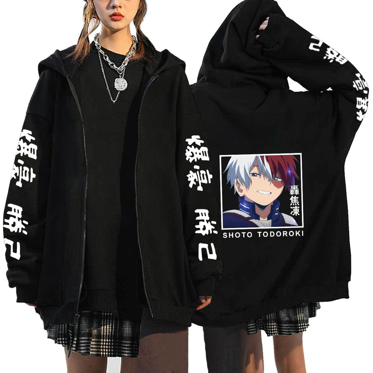 Unisex Anime Casual Black Zipper Hoodie