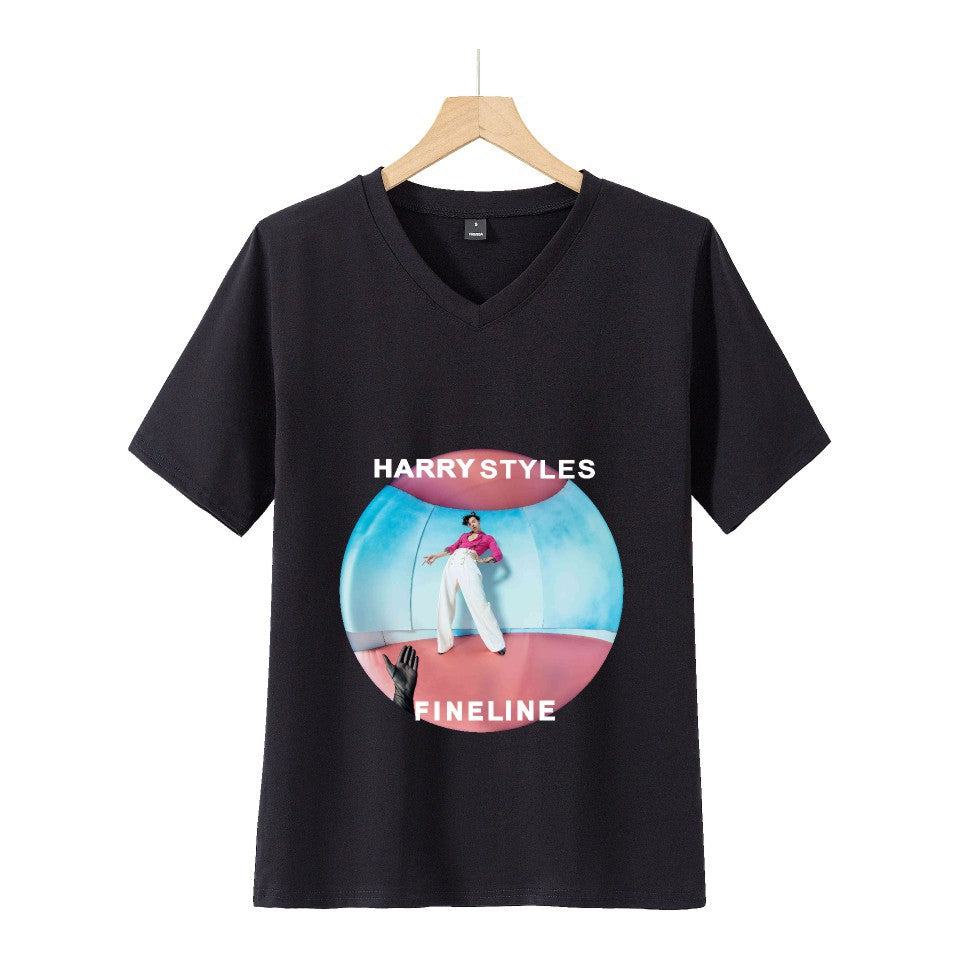 Trendy Harry Print Loose V-neck Short-sleeved T-shirt