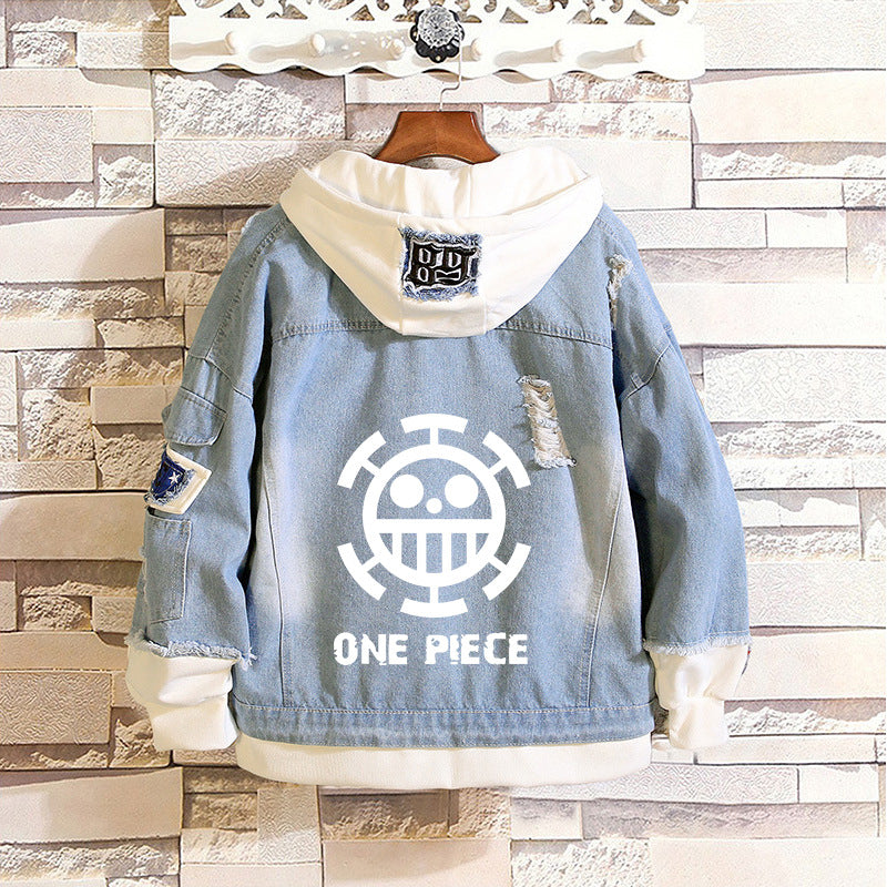 Unisex Luffy Print Casual Denim Hooded Jacket