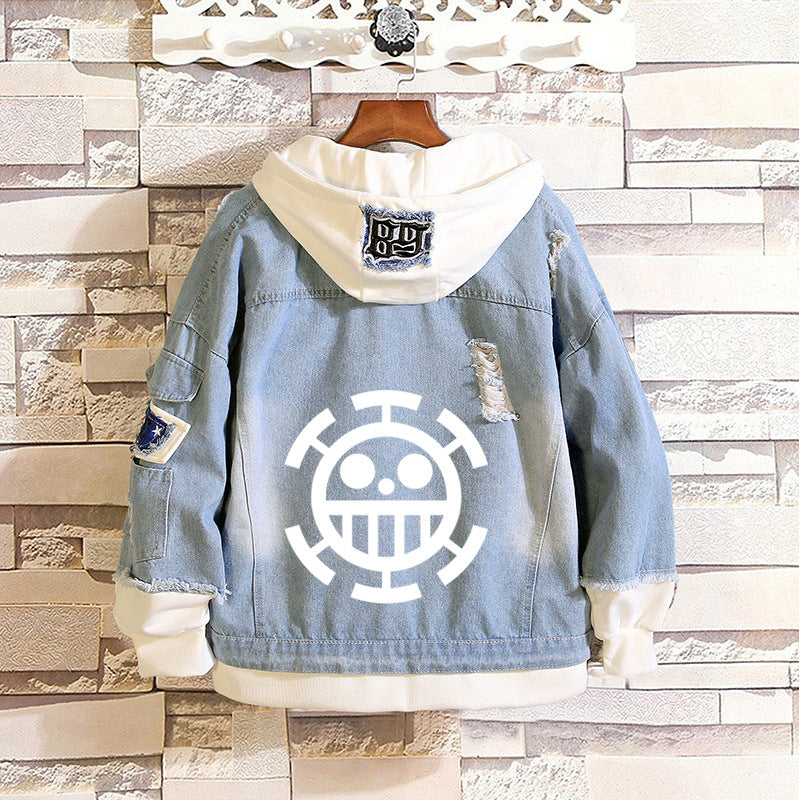 Unisex Luffy Print Casual Denim Hooded Jacket