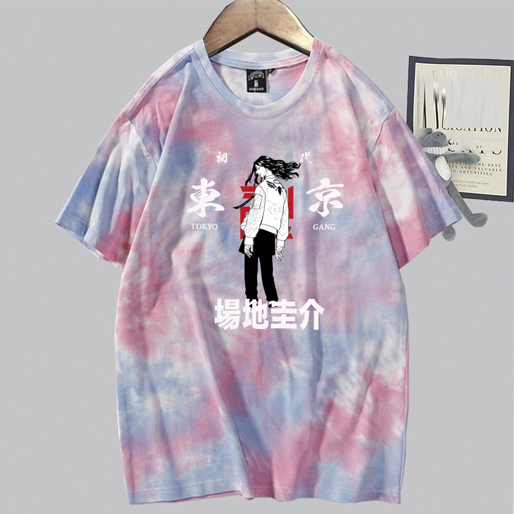 Unisex Casual Anime Tie-dye Loose Short-sleeved T-shirt