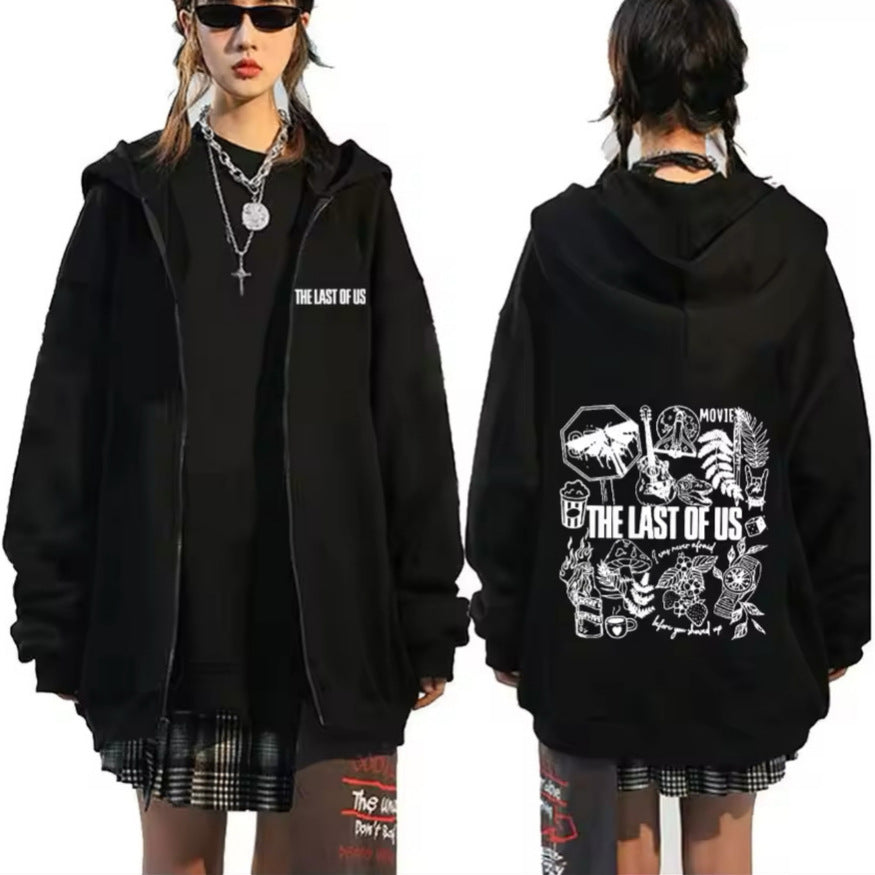 Game Letter Printed Loose Zipper Hoodie