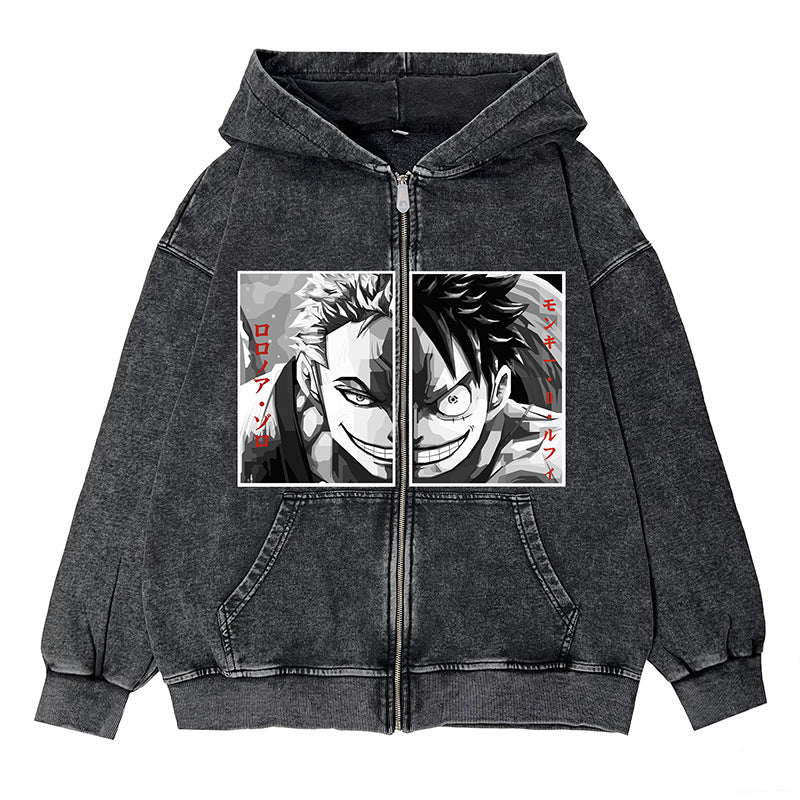Retro Luffy Anime Zipper Washed Hooded Jacket