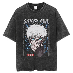 Men's Washed Retro Anime Print Cotton T-shirt