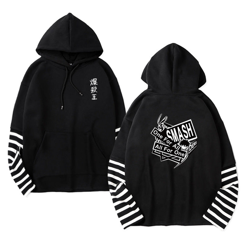 Unisex Anime Fake Two Striped Pullover Hoodie