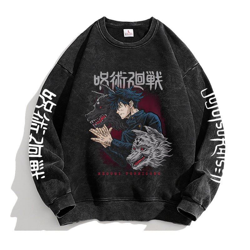 Vintage Washed Round Neck Anime Printed Sweatshirt