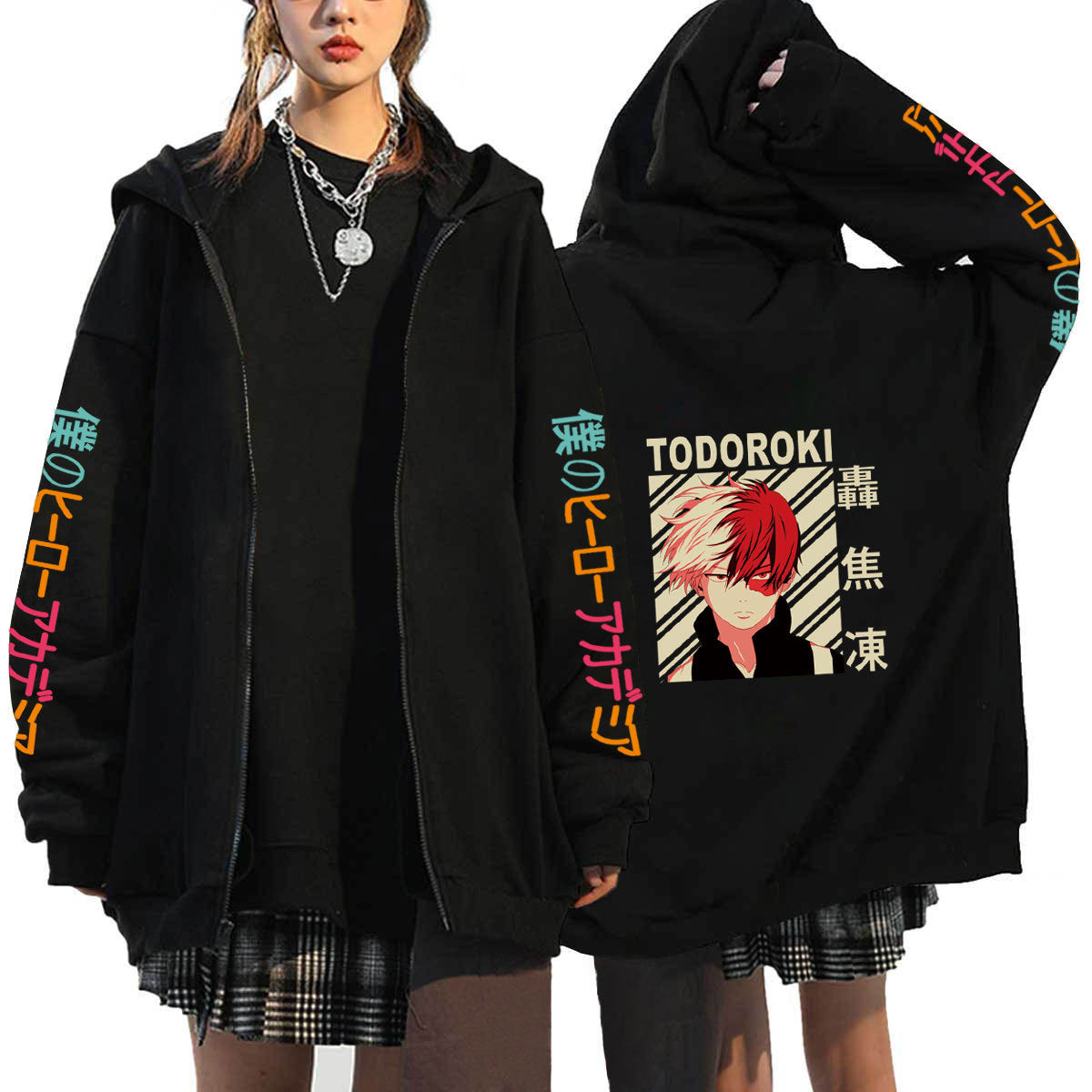 Unisex Trendy Anime Printed Black Zipper Hoodie