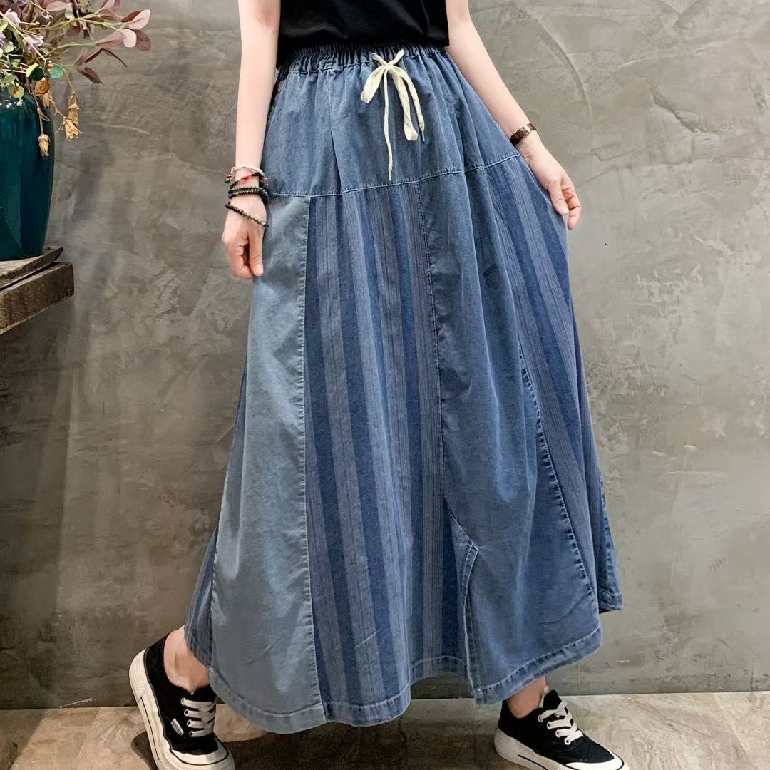 Retro Elastic Waist Color Block Soft Jeans Wide Leg Pants