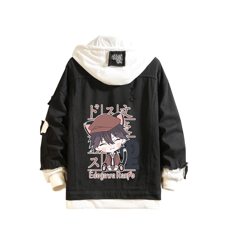 Casual Anime Print Hooded Denim Jacket
