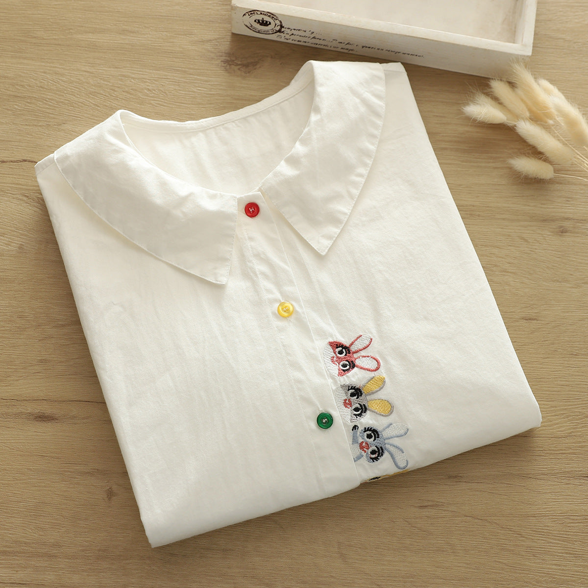 Cute Rabbit Embroidered Colorful Button Short-sleeved Shirt