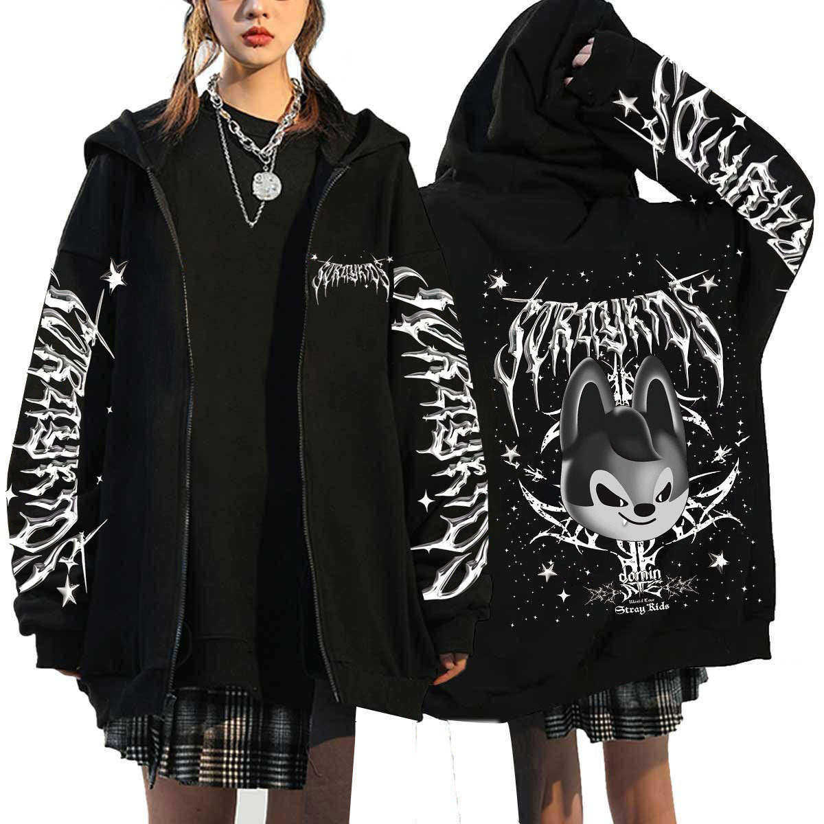 Evil SKZ Animal Characters Print Zip Up Black Hoodie