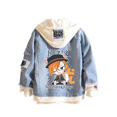 Casual Anime Print Hooded Denim Jacket