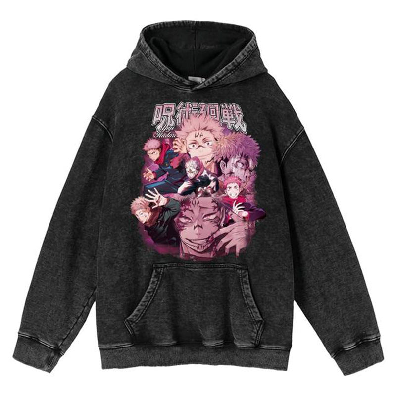 Unisex Vintage Washed Anime Printed Loose Hoodie